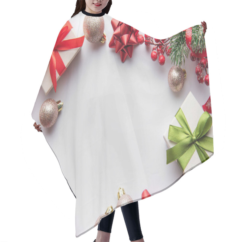 Personality  Christmas Background With Fir Tree And Decor On White Background. Top View With Copy Space Hair Cutting Cape