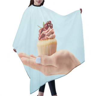 Personality  Partial View Of Woman Holding Cupcake With Cream Isolated On Blue Hair Cutting Cape