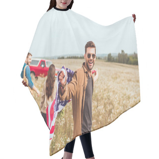 Personality  Handsome Young Man With United States Flag In Flower Field With Friend During Car Trip Hair Cutting Cape