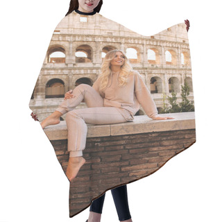 Personality  Fashion Outdoor Photo Of Beautiful Girl With Long Blond Hair In Cozy Clothes Posing Near Colosseum In Rome Hair Cutting Cape