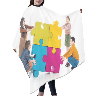 Personality  Happy Kids Playing With Jigsaw Puzzle Pieces On White  Hair Cutting Cape