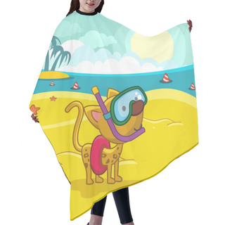 Personality  The Cat Stands In The Underwater Mask On The Background Of The Sea, Sand And The Island. He Has A Summer Holiday. Illustration For Design. Hair Cutting Cape
