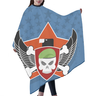 Personality  Army Logo. Skull Is In Charge On  Shield. Against The Backdrop O Hair Cutting Cape