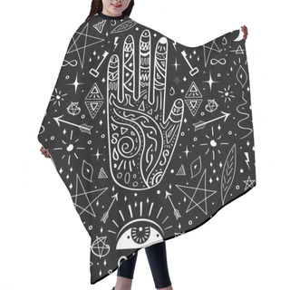 Personality  Black Background Occult Pattern With Mystical Chalk Signs, Alchemy Tattoo. Wizard Or Witch Hand, Pentagram, Lightnings, Spiritual Keys And All-seeing Eye. Black And White Ink Esoteric Drawing Texture.  Hair Cutting Cape