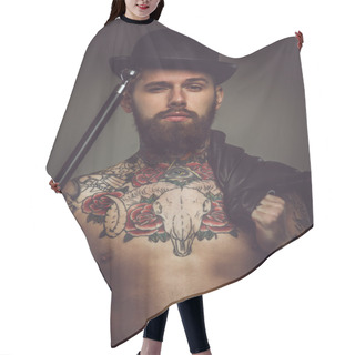 Personality  Bearded Tattooed Guy With Walking Stick Hair Cutting Cape