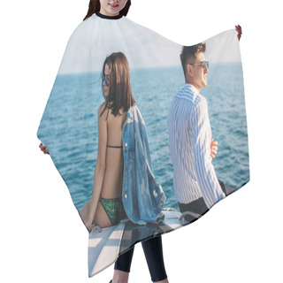 Personality  Caucasian Couple In Love Relaxing On Yacht Bow, Travelling Lifestyle Concept Hair Cutting Cape