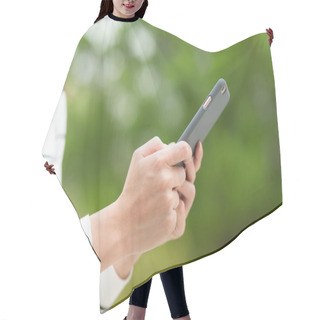 Personality  Woman Sending Message On Cellphone  Hair Cutting Cape