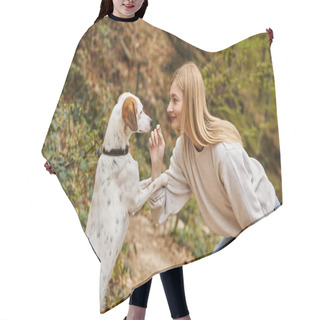 Personality  Cheerful Woman Training Her Pet Dog Holding Leash At Hiking Rest With Mountain And Forest View Hair Cutting Cape