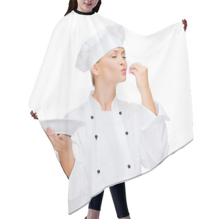 Personality  Female Chef With Plate Showing Delicious Sign Hair Cutting Cape