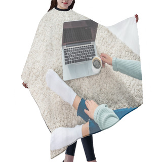 Personality  Young Woman With Laptop At Home Hair Cutting Cape