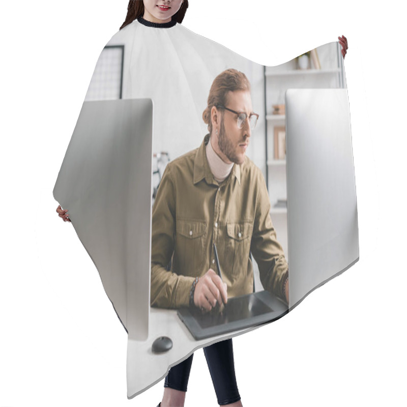 Personality  Handsome 3d Designer Working With Computers And Graphics Tablet On Table In Office  Hair Cutting Cape