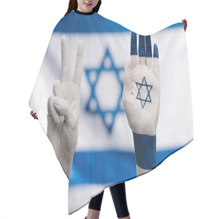 Personality  Cropped View Of Female Hands With Star Of David Showing Peace Sign Near Flag Hair Cutting Cape