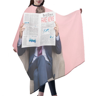 Personality  Businessman Sitting In Armchair And Reading Newspaper With Fake News On Pink Background Hair Cutting Cape