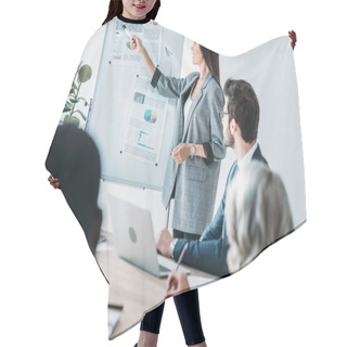 Personality  Asian Businesswoman Pointing On Flipchart During Project Presentation In Office Hair Cutting Cape