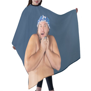 Personality  Funny Fat Man In Blue Cap And With Sponge In The Shower. Fun And Cleanliness Hair Cutting Cape