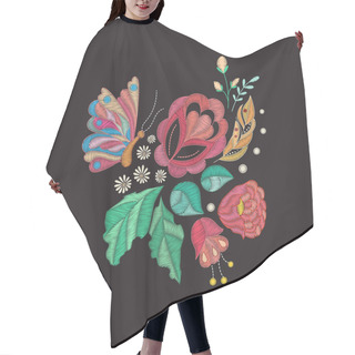 Personality  Vector Embroidery Design. Colored Floral Pattern With Decorative Embroidered Flowers, Leaves, Butterfly And Feather Hair Cutting Cape