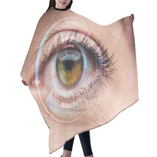 Personality  Close Up View Of Human Colorful Eye With Data Illustration, Robotic Concept Hair Cutting Cape