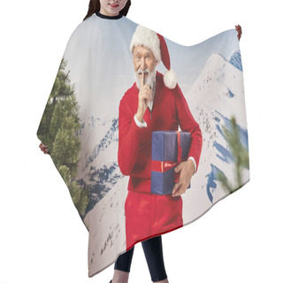 Personality  Mysterious Bearded Santa Holding Present And Showing Silence Gesture At Camera, Winter Concept Hair Cutting Cape
