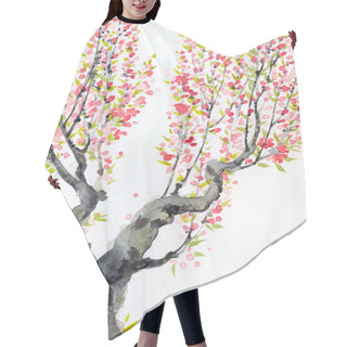 Personality  Watercolor Spring Background. Red Flowers On Tree Branches Hair Cutting Cape