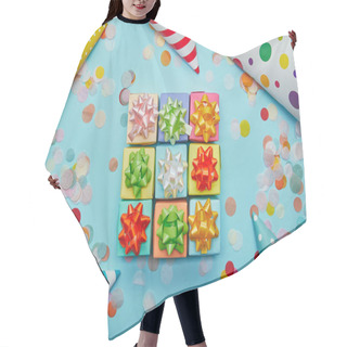 Personality  Top View Of Colorful Gifts With Bows, Party Hats And Confetti On Blue Background Hair Cutting Cape