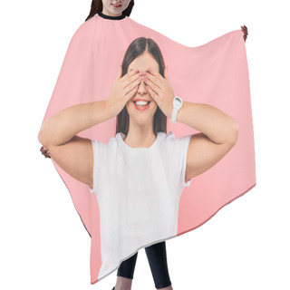 Personality  Happy Pretty Brunette Girl Covering Eyes With Hands Isolated On Pink Hair Cutting Cape