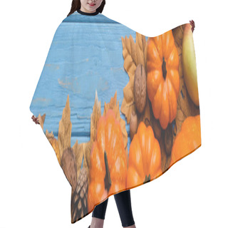 Personality  Top View Of Autumnal Harvest And Foliage On Blue Wooden Background, Panoramic Shot Hair Cutting Cape