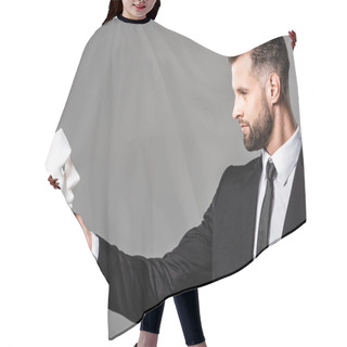 Personality  Side View Of Confident Businessman In Black Suit Looking At Mask Isolated On Grey Hair Cutting Cape