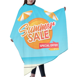 Personality  Summer Sale Banner Template Design. Special Offer  Up To 50% Off Banner For Summer Season. Two Orange Beach Umbrella With Orange Circle In Flat Design. Summer Sale Typography On Sea Background. Vector Illustration. Hair Cutting Cape