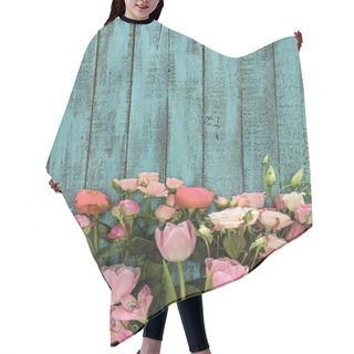 Personality  Top View Of Beautiful Flowers Over Green Wooden Background Hair Cutting Cape