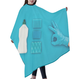 Personality  Cropped Image Of Woman Showing Ok Sign In Rubber Protective Glove Isolated On Blue Hair Cutting Cape