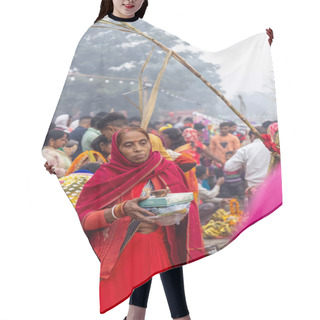 Personality  Ghaziabad, Uttar Pradesh, India - November 2021: Chhath Puja, Indian Hindu Devotees Performing Rituals Of Chhath Puja In The Night Near River Bank. Hair Cutting Cape