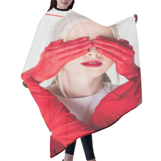 Personality  Female Hands In Red Paint Covering Eyes Of Albino Model Isolated On White Hair Cutting Cape