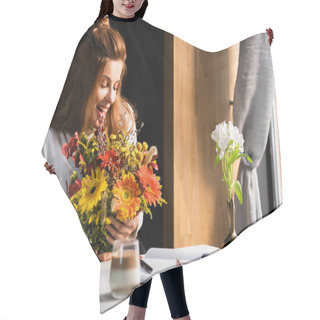 Personality  Excited Redhead Woman With Bouquet Of Autumn Flowers In Cafe With Smartphone And Notebook Hair Cutting Cape
