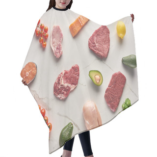Personality  Top View Of Assorted Meat, Poultry And Fish Near Parsley, Grapes, Cherry Tomatoes, Avocados And Lemon On Gray Marble Surface Hair Cutting Cape