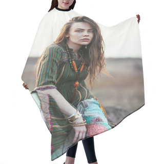 Personality  Fashion Portrait Of Young Hippie Woman At Sunset Posing On Nature Background Hair Cutting Cape