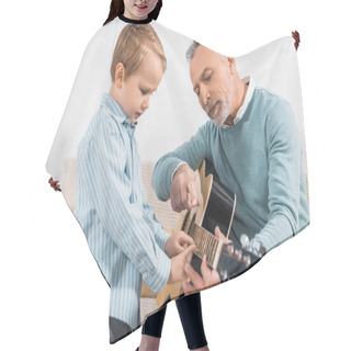 Personality  Man Pointing By Finger While Teaching Grandson Playing On Acoustic Guitar At Home Hair Cutting Cape