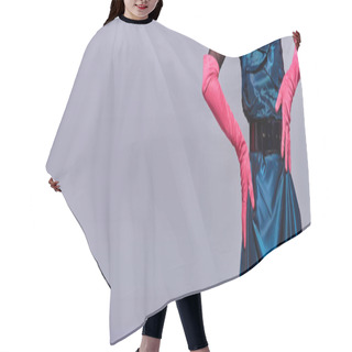Personality  Cropped View Of Trendy Young Woman In Cocktail Dress And Pink Gloves Touching Hip And Posing Isolated On Grey, Modern Generation Z Fashion Concept, Details, Belt, Feminine, Banner  Hair Cutting Cape