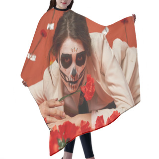 Personality  Elegant Woman In Scary Catrina Makeup Lying Down And Looking At Camera Near Flowers On Red Backdrop Hair Cutting Cape