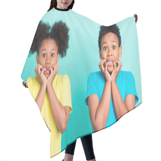 Personality  Photo Of Scared Brunet Little Girl Boy Bite Fingers Wear T-shirt Isolated On Teal Color Background Hair Cutting Cape
