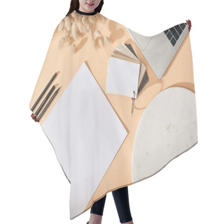 Personality  Top View Of Sheet Of Paper, Pens, Marble Board, Colors Samples, Lagurus Spikelets And Laptop On Beige Background Hair Cutting Cape