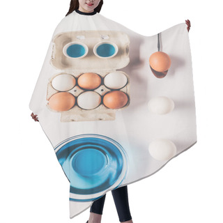 Personality  Top View Of Glass With Blue Paint And Different Chicken Eggs On White Surface, Easter Concept Hair Cutting Cape