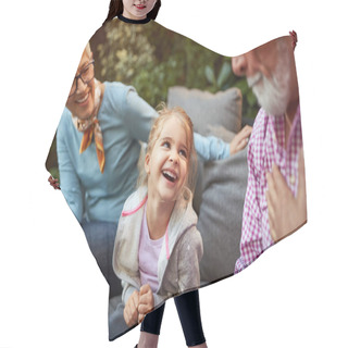 Personality  Cheerful Female Child  Having Fun With Grandparents Hair Cutting Cape
