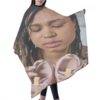 Personality  Sad African American Woman Holding Baby Clothes And Crying At Home, Miscarriage Concept, Close Up Hair Cutting Cape