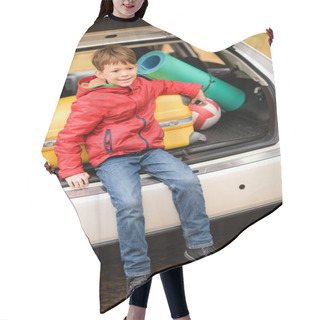 Personality  Smiling Boy Sitting In Car Trunk Hair Cutting Cape