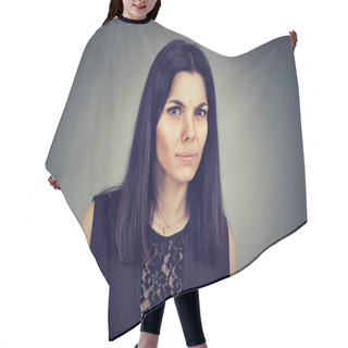 Personality  Portrait Of A Serious Suspicious Middle Aged Woman  Hair Cutting Cape