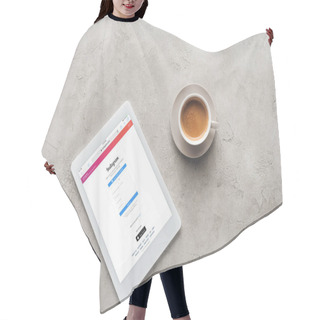 Personality  Top View Of Cup Of Coffee And Tablet With Instagram Website On Screen On Concrete Surface Hair Cutting Cape