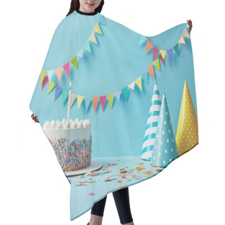 Personality  Delicious Birthday Cake, Gifts, Party Hats And Confetti On Blue Background With Bunting Hair Cutting Cape