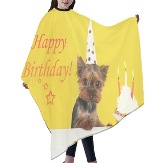 Personality  Text Happy Birthday, Yorkshire Terrier Dog And Delicious Cupcake On Yellow Background Hair Cutting Cape