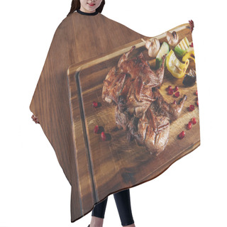 Personality  Close-up Shot Of Roasted Quail With Vegetables Served On Wooden Board Hair Cutting Cape