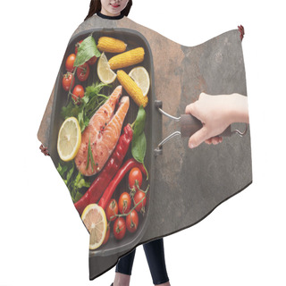 Personality  Partial View Of Woman Holding Raw Salmon With Vegetables, Lemon And Herbs In Grill Pan Hair Cutting Cape